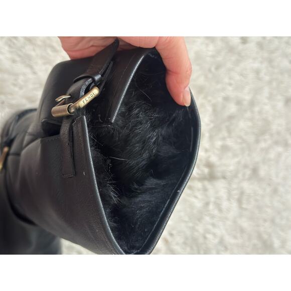 Fendi Rabbit Fur Lined Motorcycle Boot Moto Black Leather Gold Hardware - Picture 5 of 8